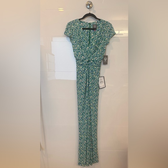 Vince Camuto Twist Cap Sleeve Green Geometric Jumpsuit - Picture 9 of 11